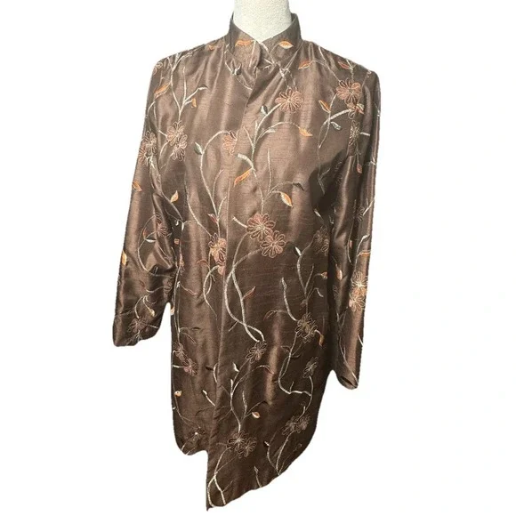 Vintage Victor Costa Womens Embroidered Long Top Coat Brown Mandarin Collar Sz M - Picture 1 of 5